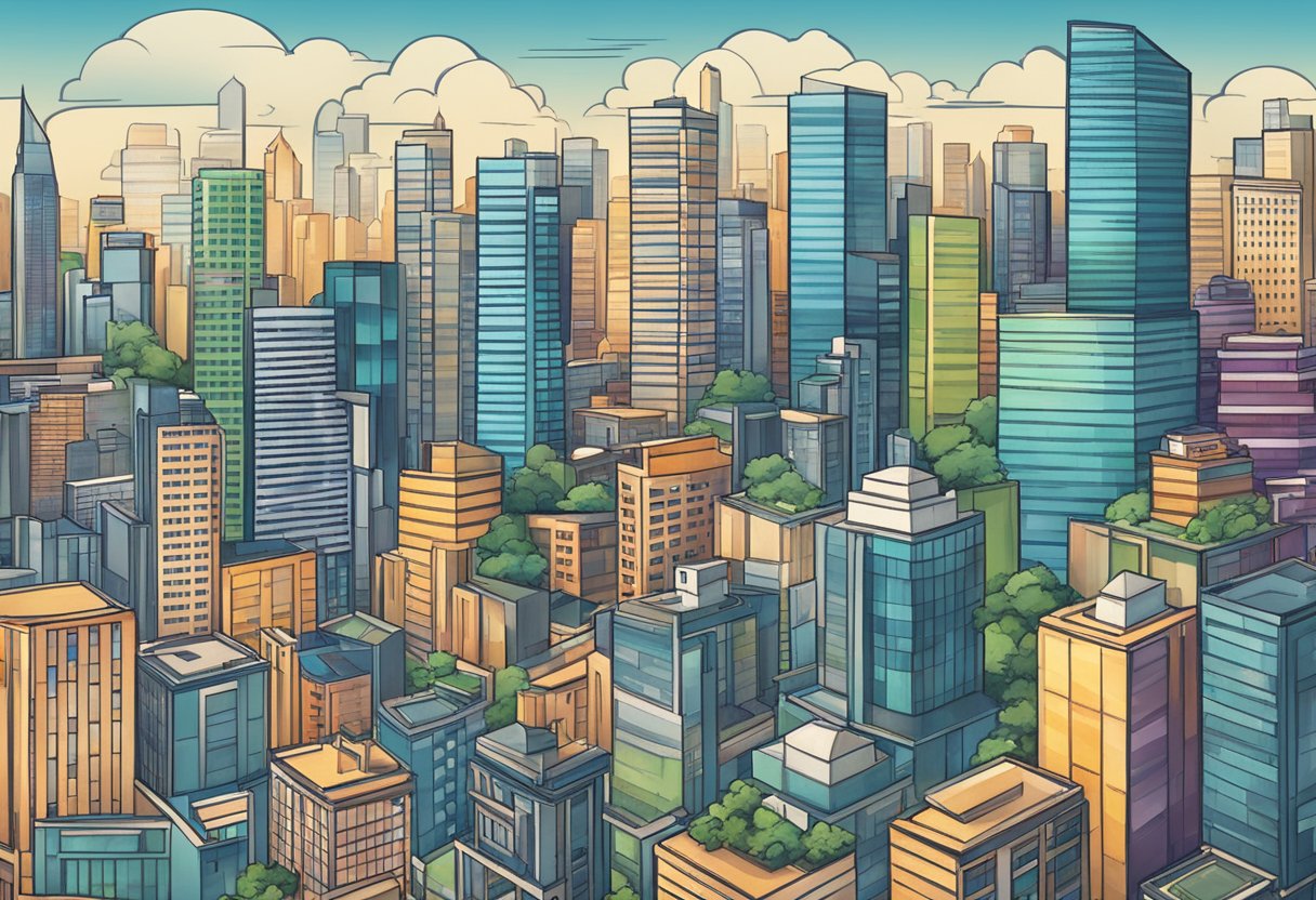 A bustling city skyline with various businesses and office buildings, showcasing the diverse opportunities for commercial mortgages