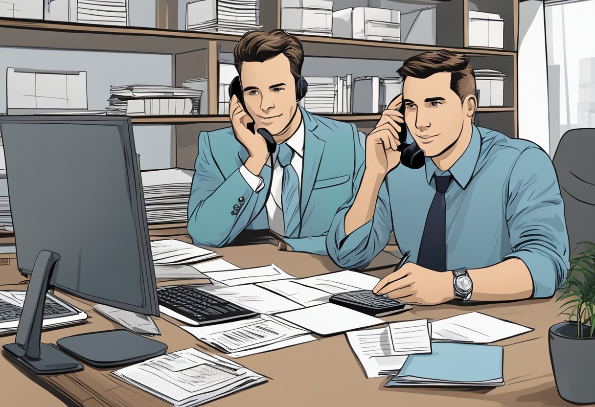 A commercial mortgage broker sits at a desk, surrounded by paperwork and a computer. They are on the phone, negotiating terms with a lender while a satisfied business owner looks on