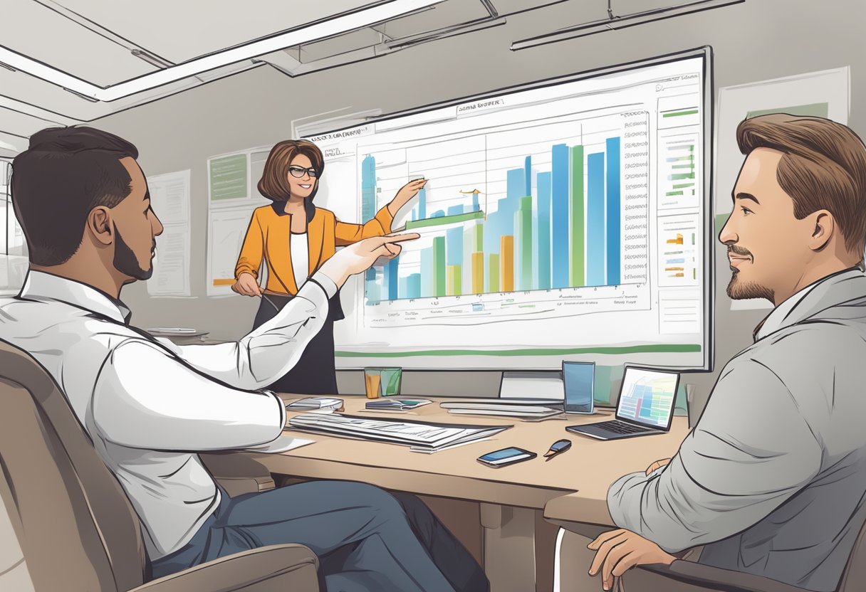A broker presenting a business owner with various mortgage options, pointing to a chart showing potential savings and benefits
