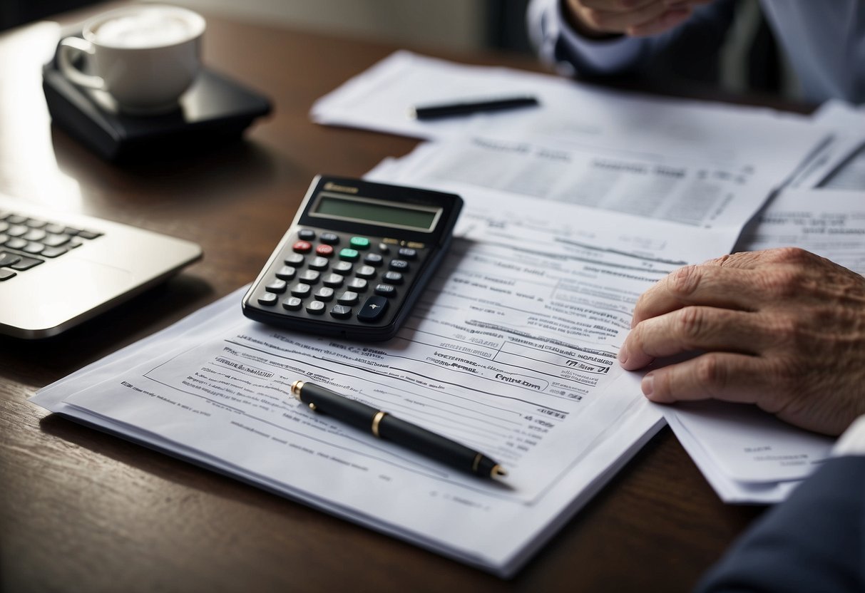 A businessman reviews financial documents, a calculator, and a list of potential lenders for a commercial mortgage in the UK