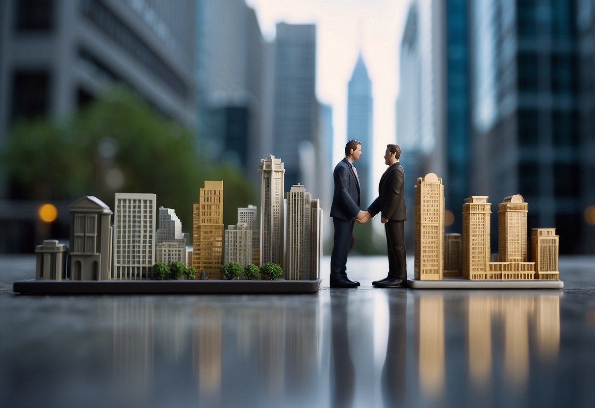 A busy city street with tall office buildings and banks, a graph showing fluctuating interest rates, and a handshake between a borrower and a lender