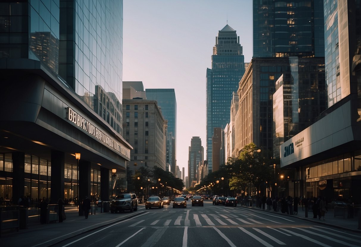 A bustling cityscape with a prominent bank building, a row of modern office buildings, and a busy financial district with signs advertising "Best Rates on Commercial Mortgages."