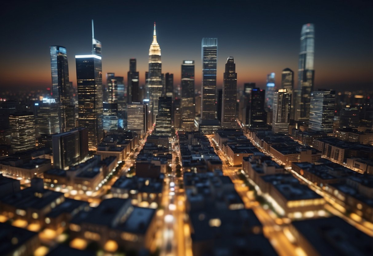 A bustling city skyline with various commercial properties, including office buildings, retail spaces, and industrial complexes. A maze of financial obstacles surrounds the structures, symbolizing the challenges of commercial property financing