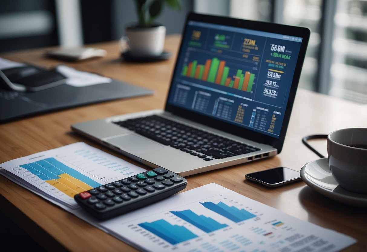 A commercial property with a focus on cost management and profitability, featuring financial charts, calculators, and a balance between income and expenses