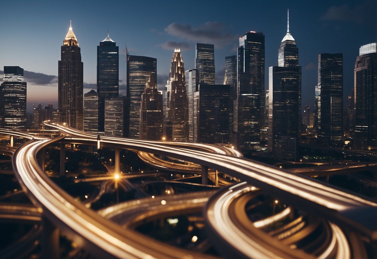 A bustling city skyline with five towering buildings, each representing a challenge in commercial property financing. A maze of financial obstacles surrounds the structures, but a clear path forward is visible