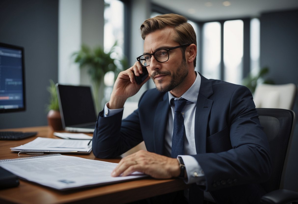 A commercial mortgage broker sits at a desk, reviewing financial documents and speaking on the phone with clients. Charts and graphs are displayed on the computer screen, showing potential loan options for expanding businesses