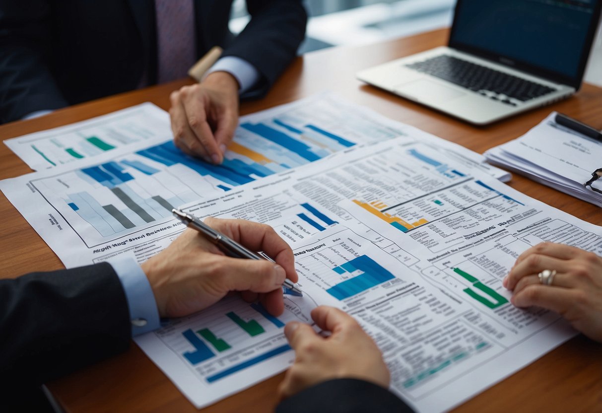 A commercial mortgage broker reviews multiple loan options, analyzes financial documents, and negotiates terms with lenders