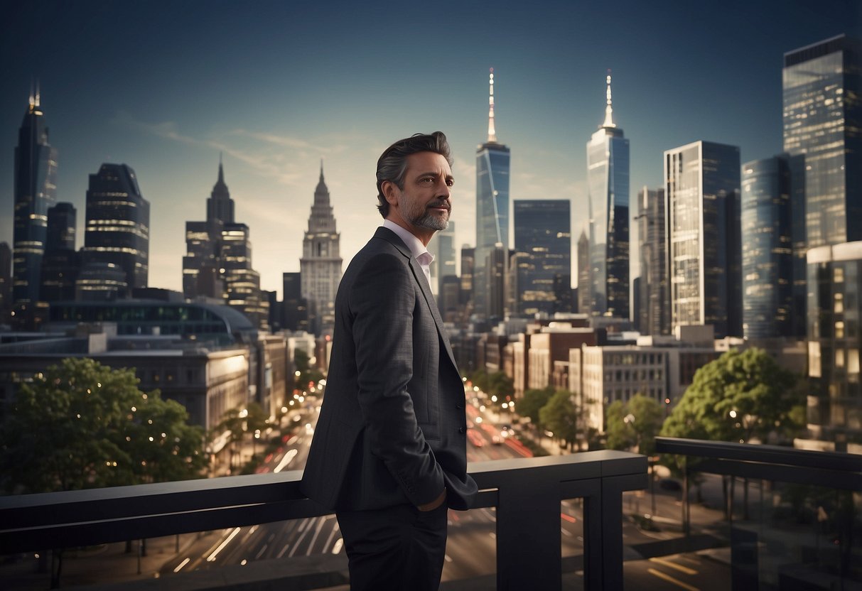 A bustling city skyline with a mix of old and new buildings, representing the need for commercial mortgages for business expansion. A figure of a commercial mortgage broker guiding a business owner could also be included