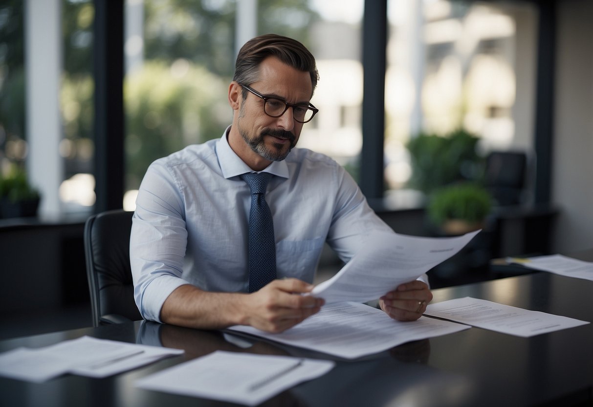 A commercial mortgage broker reviews documents and communicates with lenders to secure loan approval for a business expansion