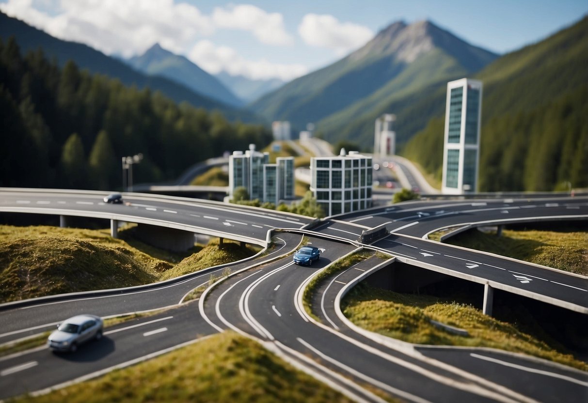 A commercial property surrounded by financial obstacles, with a mountain representing each challenge. A road leads to a bridge, symbolizing overcoming the hurdles