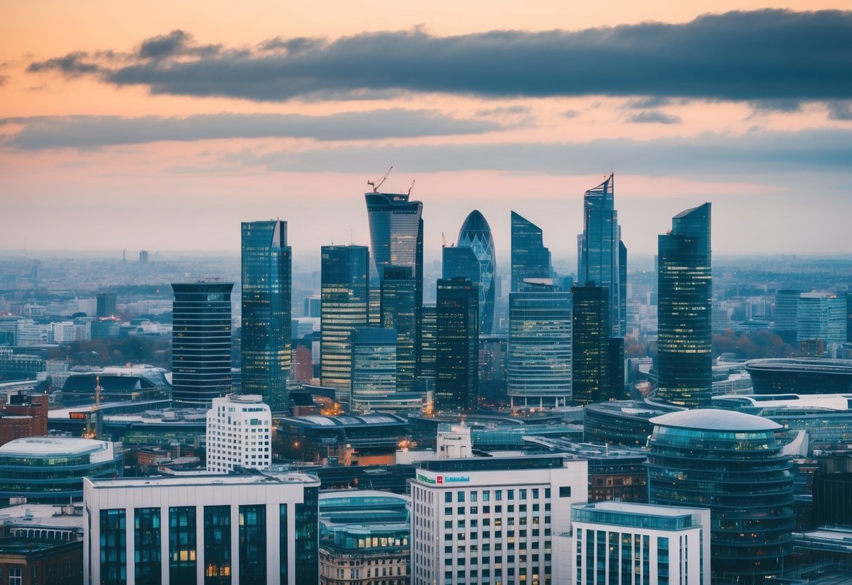 A bustling city skyline with modern office buildings and commercial properties, showcasing the dynamic and evolving UK commercial mortgage market