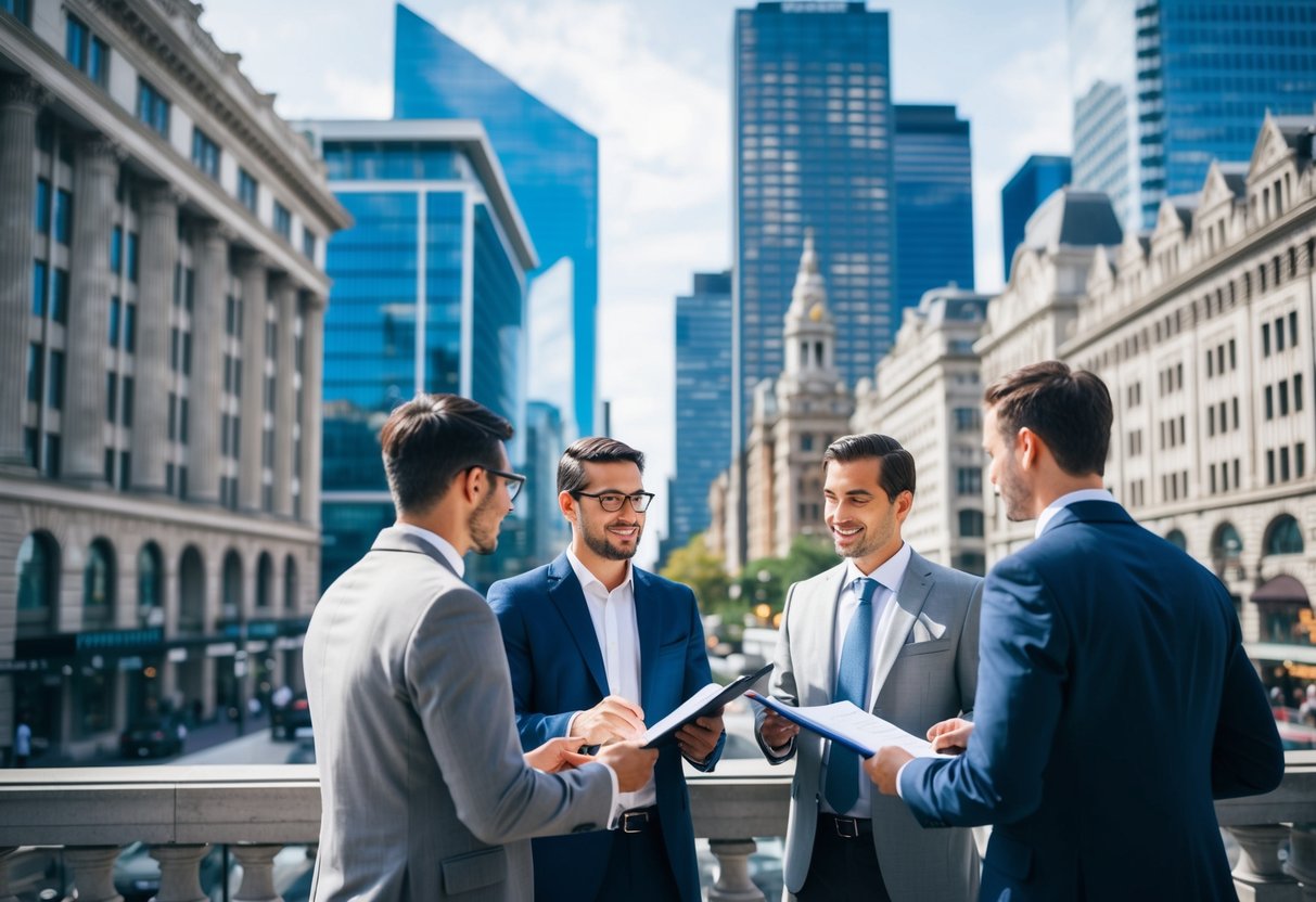 A bustling business district with a mix of modern skyscrapers and historic buildings, with entrepreneurs discussing plans and exchanging documents