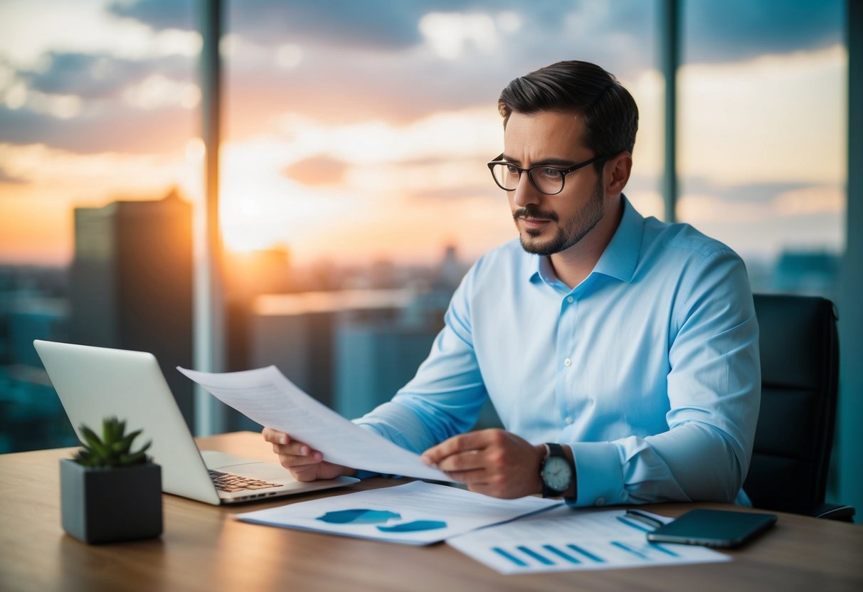 A businessman reviewing financial documents and assets for potential business expansion