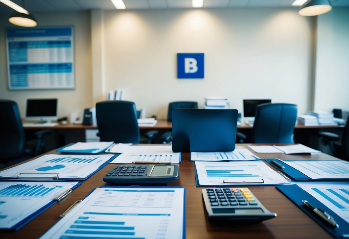 A busy office with a large desk covered in financial documents and charts, a calculator, and a laptop. A bank logo is visible on the wall