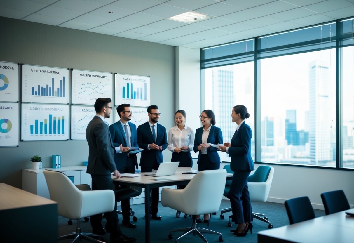 A bustling office with charts and graphs on the walls, a team of professionals discussing asset-based lending for business expansion