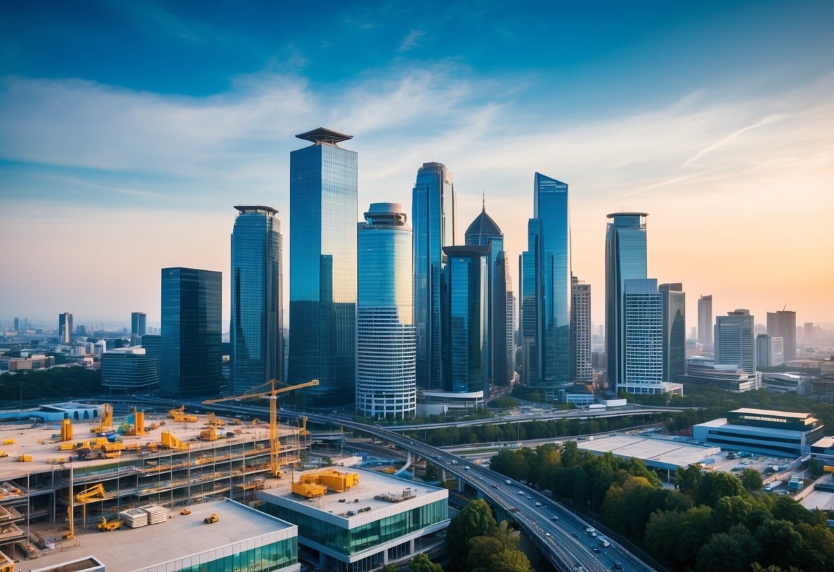 A bustling city skyline with a modern office building and construction site, symbolizing the fast and efficient nature of bridging loans for commercial ventures
