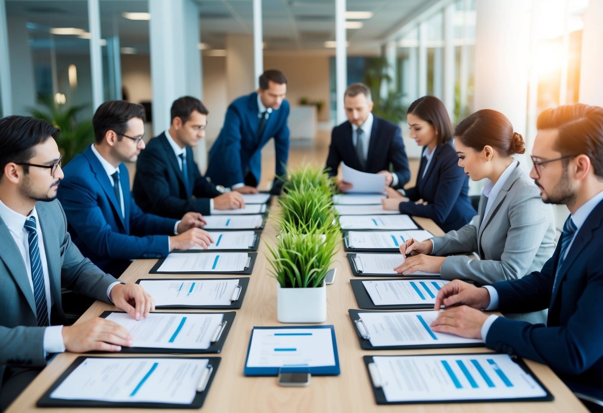 A bustling office with a long table surrounded by busy professionals discussing and reviewing documents related to bridging loans for commercial ventures