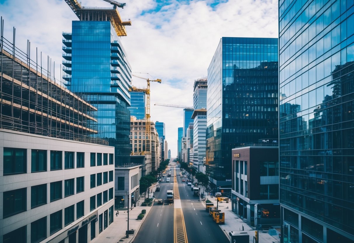 A bustling city street with modern office buildings and construction sites, symbolizing fast-paced commercial ventures