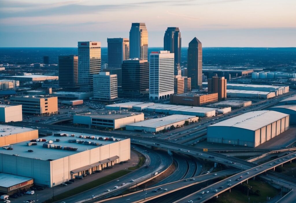 A bustling city skyline with various commercial properties, including office buildings, retail spaces, and industrial warehouses, surrounded by busy streets and highways