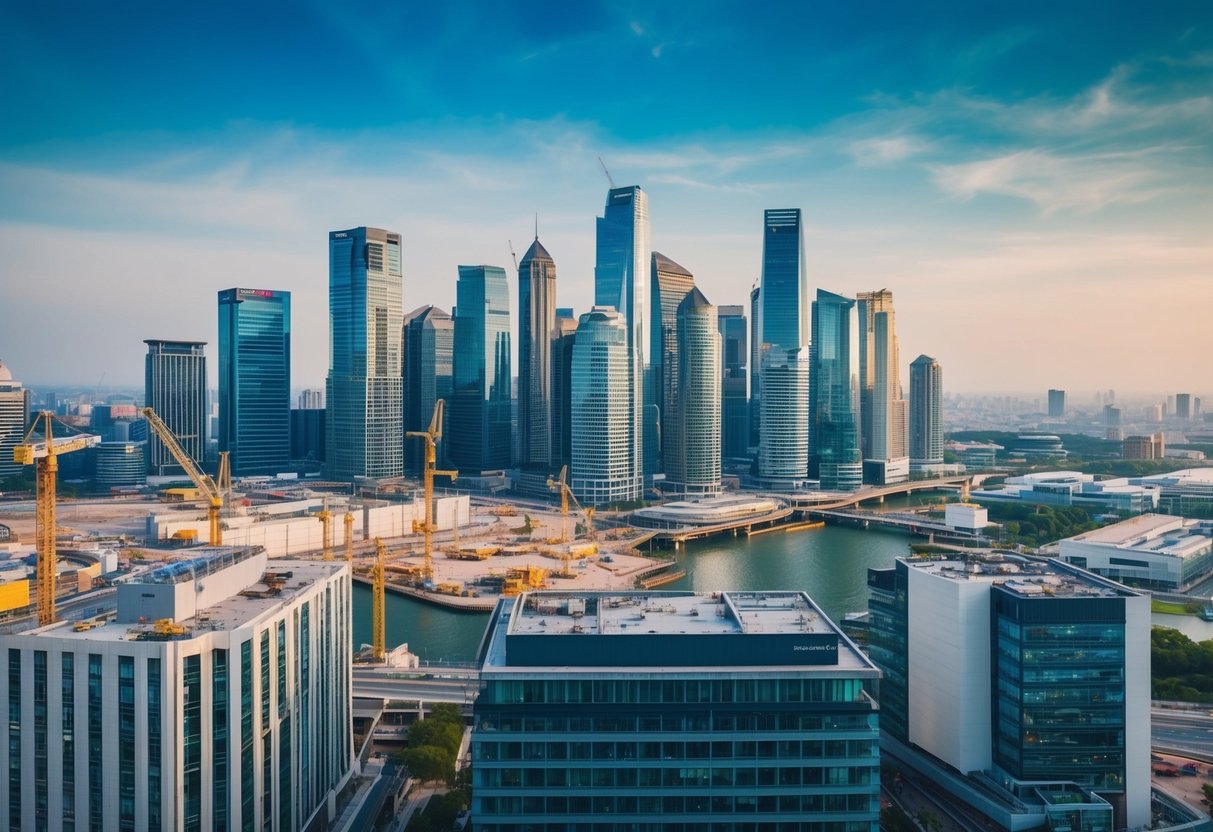 A bustling city skyline with modern commercial buildings and construction sites, symbolizing the fast-paced and dynamic nature of bridging finance for commercial ventures