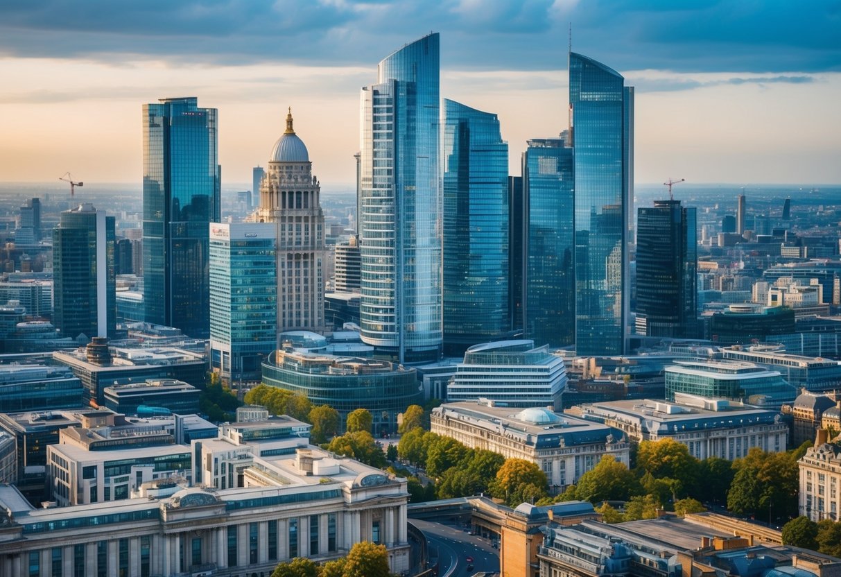 A bustling cityscape with skyscrapers and office buildings, with a mix of traditional and modern architecture, representing the dynamic UK commercial mortgage market