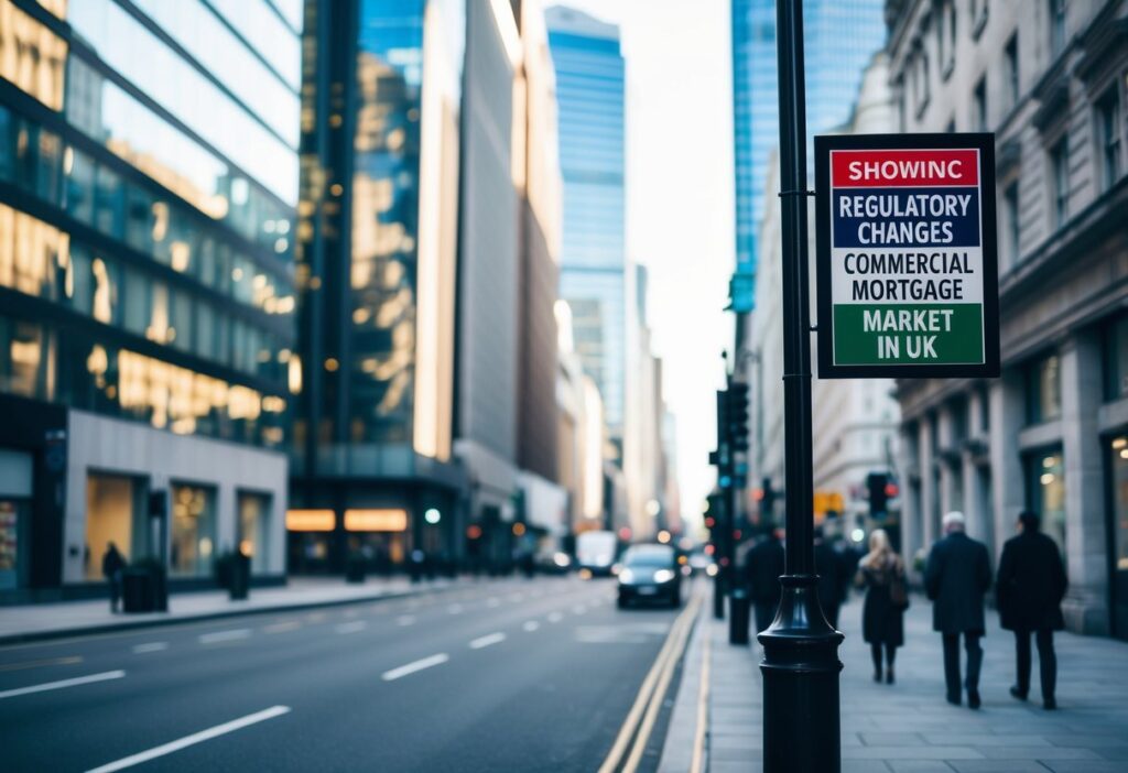 A busy city street with tall office buildings and banks, showing signs of regulatory changes and economic impacts on the commercial mortgage market in the UK