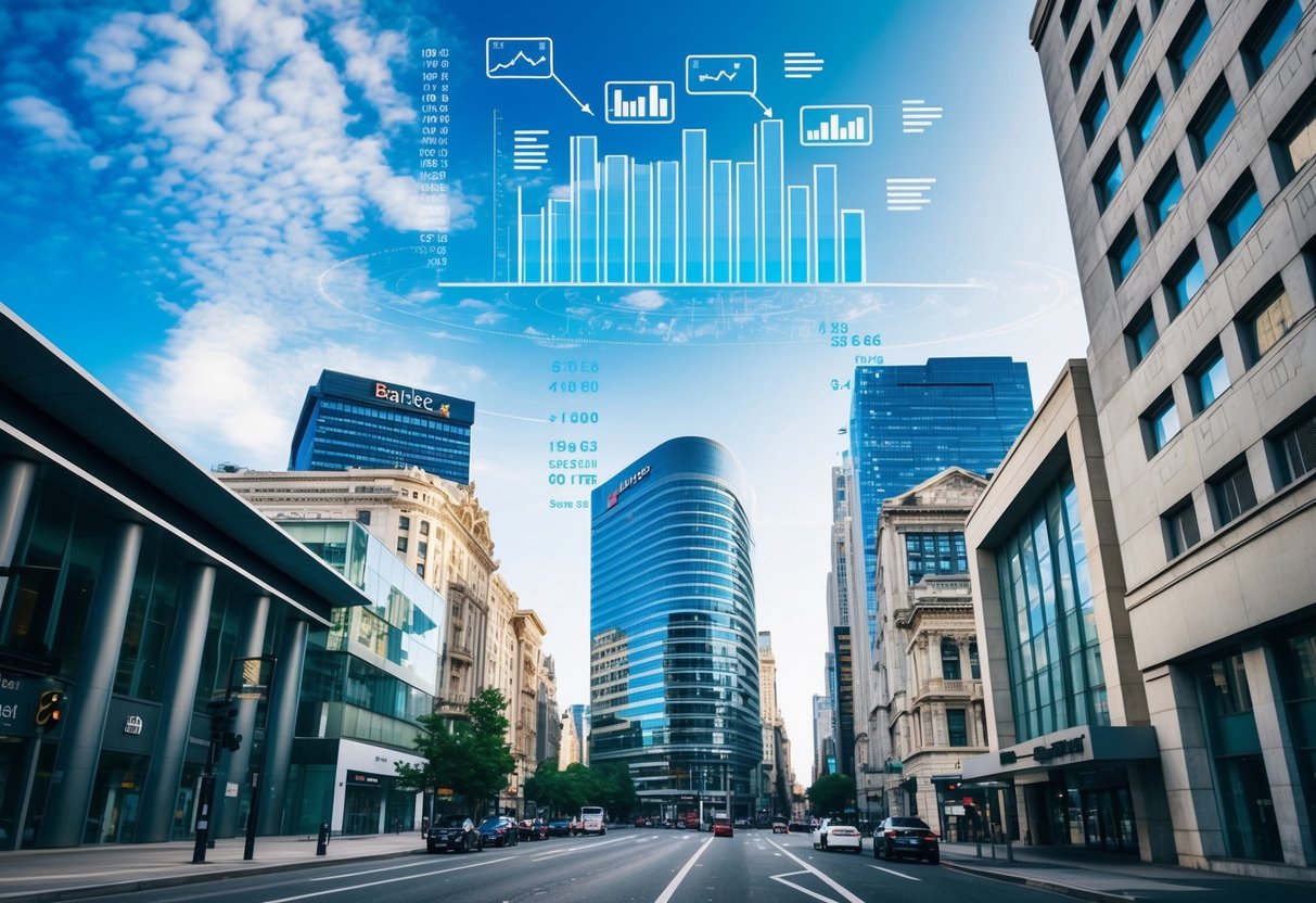 A busy city street with modern office buildings and banks, with data charts and graphs floating in the air above them