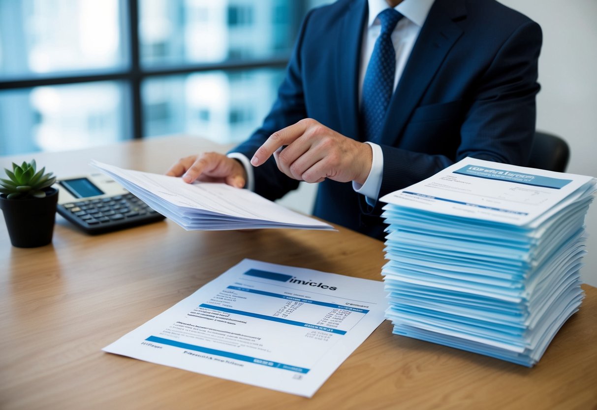 A business owner reviewing financial documents while a stack of invoices is being processed by a financing company