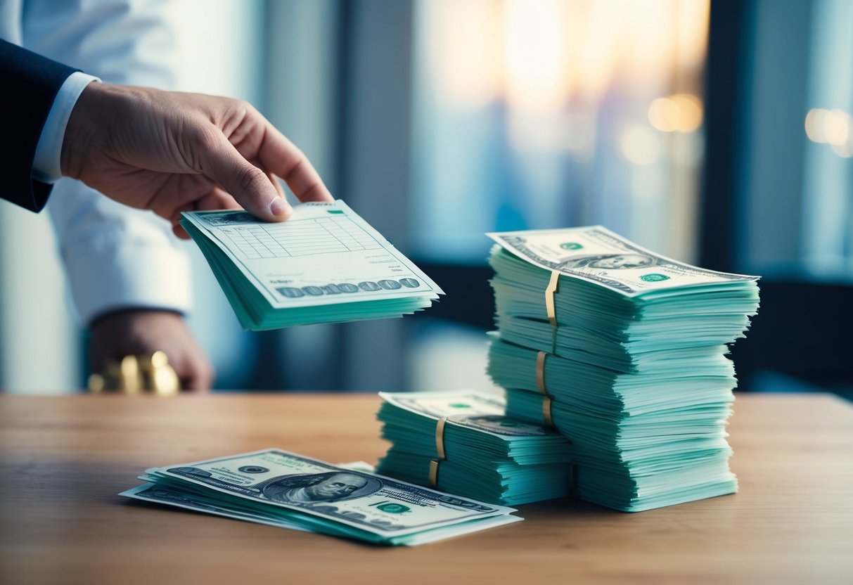 A stack of invoices being exchanged for a pile of cash, symbolizing the benefits of invoice financing for managing cash flow