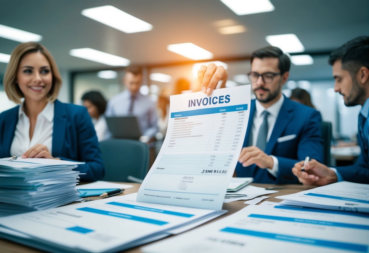 A bustling office with a steady flow of invoices being processed and funds being managed