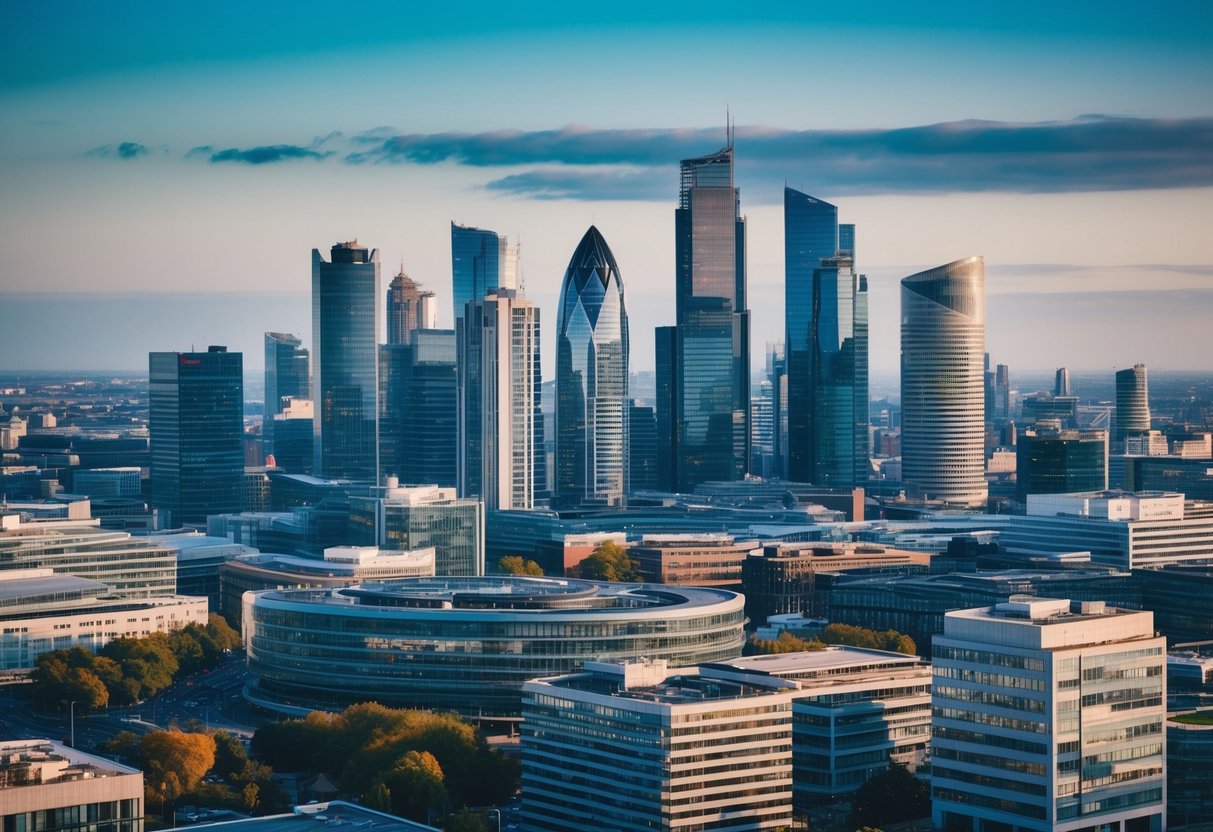 A bustling city skyline with modern office buildings and financial institutions, showcasing the dynamic and evolving nature of the UK commercial mortgage market