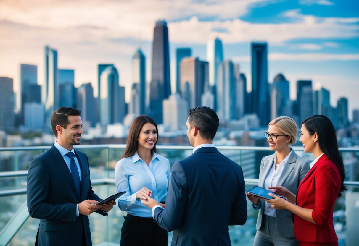 A commercial mortgage broker networking with various professionals in a bustling city skyline backdrop