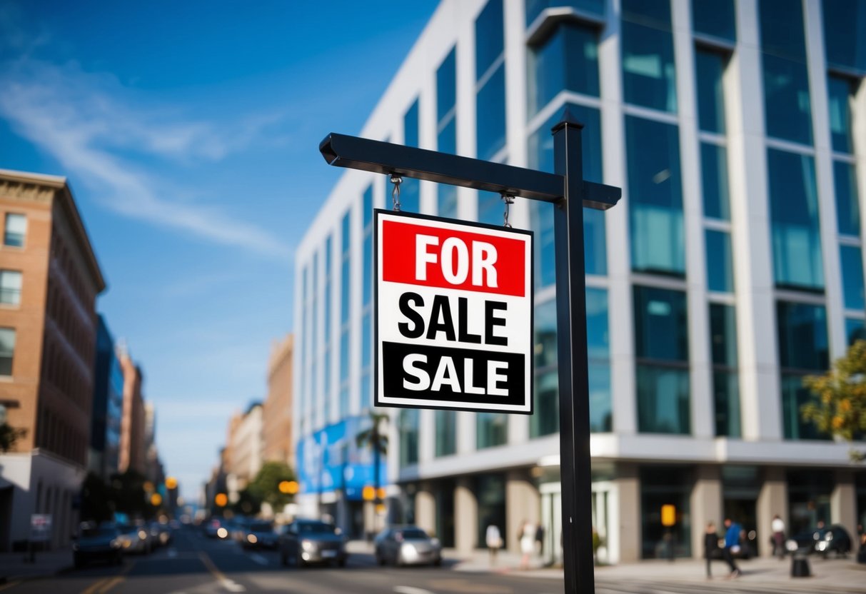 A modern commercial building with a prominent "For Sale" sign, surrounded by bustling city streets and a backdrop of a clear blue sky
