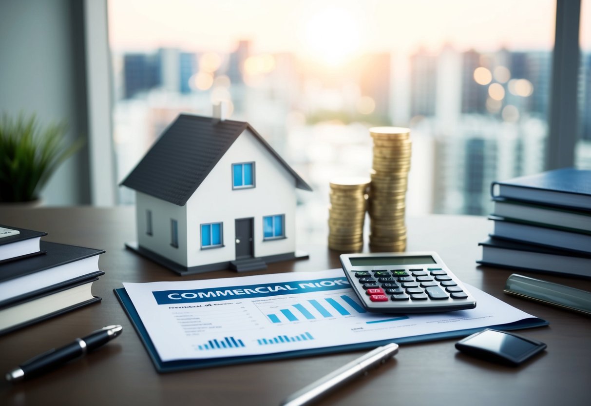A commercial property with a mortgage document, financial charts, and a calculator on a desk surrounded by real estate investment books