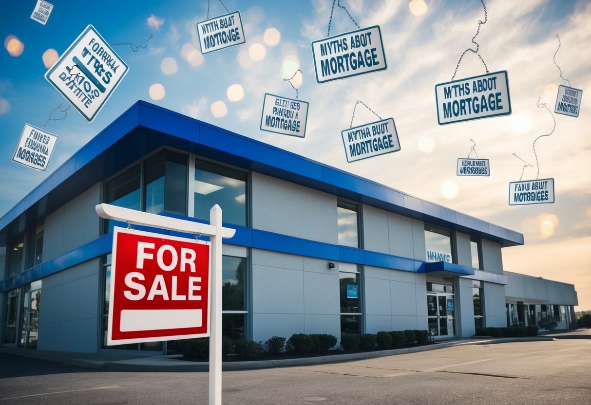 A commercial building with a "For Sale" sign in front, surrounded by various myths about mortgages floating in the air