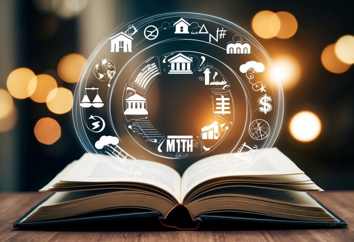 An open book with mortgage-related symbols and myths swirling around it