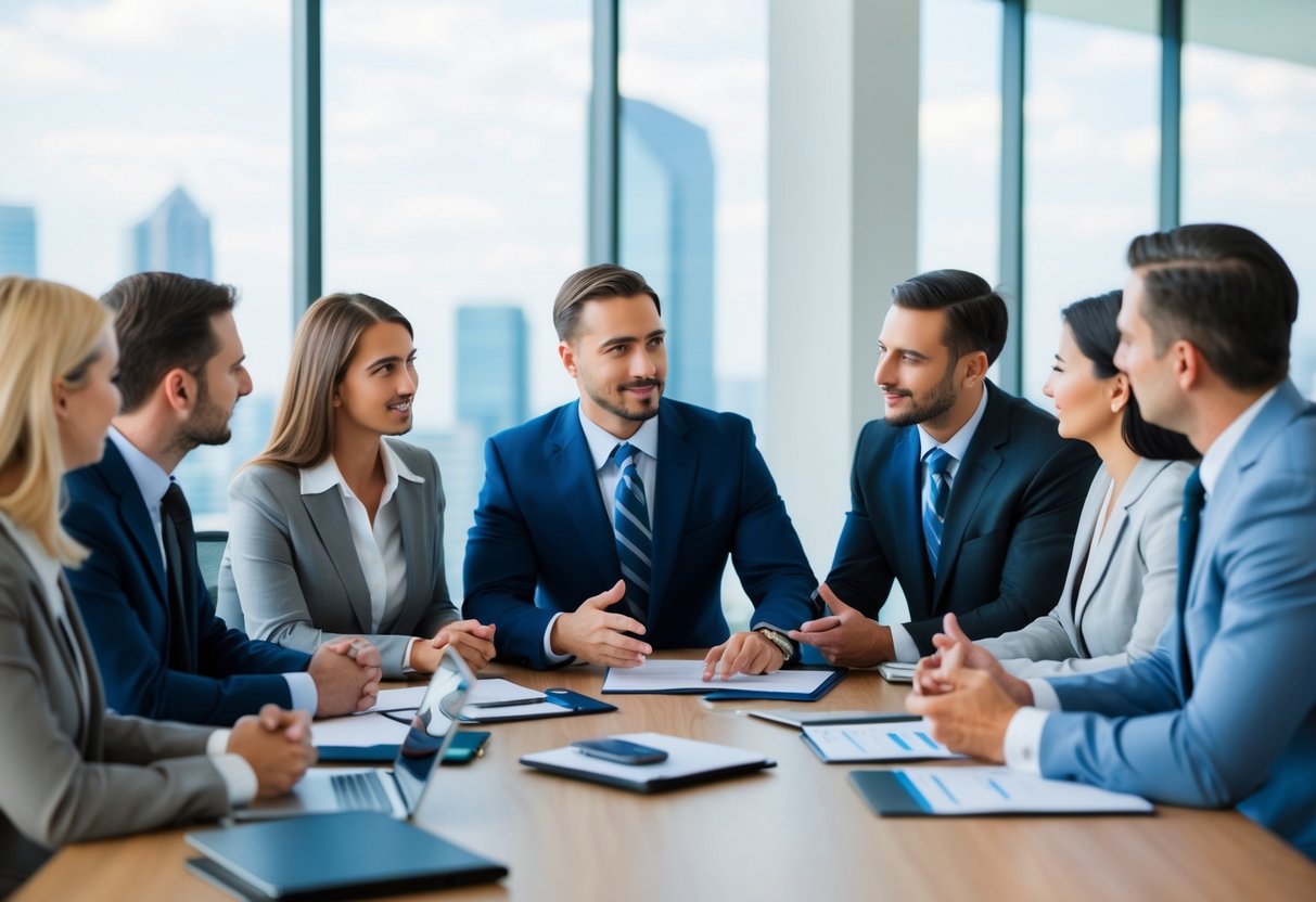 A commercial mortgage broker networking with various lenders and clients, discussing deals and opportunities in a professional office setting
