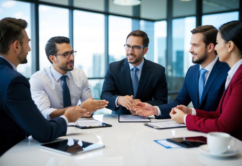 A commercial mortgage broker networking with various professionals, exchanging information and discussing potential deals
