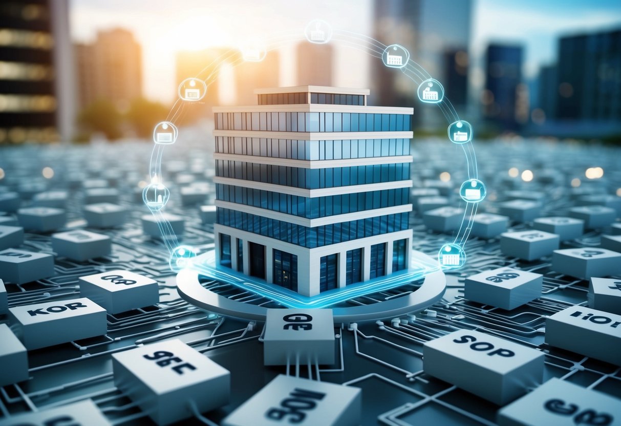 A commercial building surrounded by a network of interconnected mortgage brokers, symbolizing the optimization of the application process for better deals