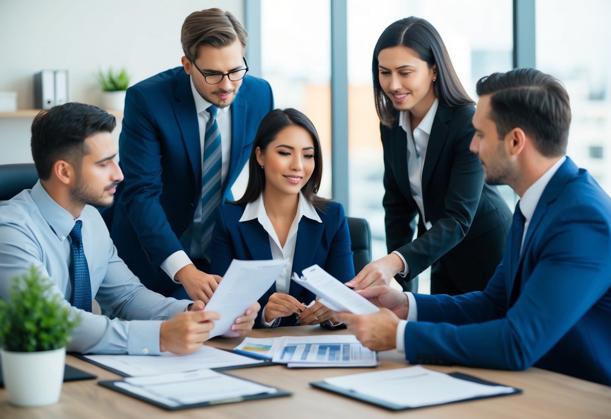 A busy office with a loan officer reviewing documents, a client discussing terms with a banker, and a real estate agent showing property