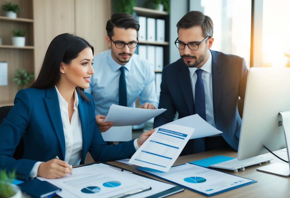 A busy office with a loan officer reviewing documents while a client looks over floor plans and financial statements. A computer screen displays a mortgage application form