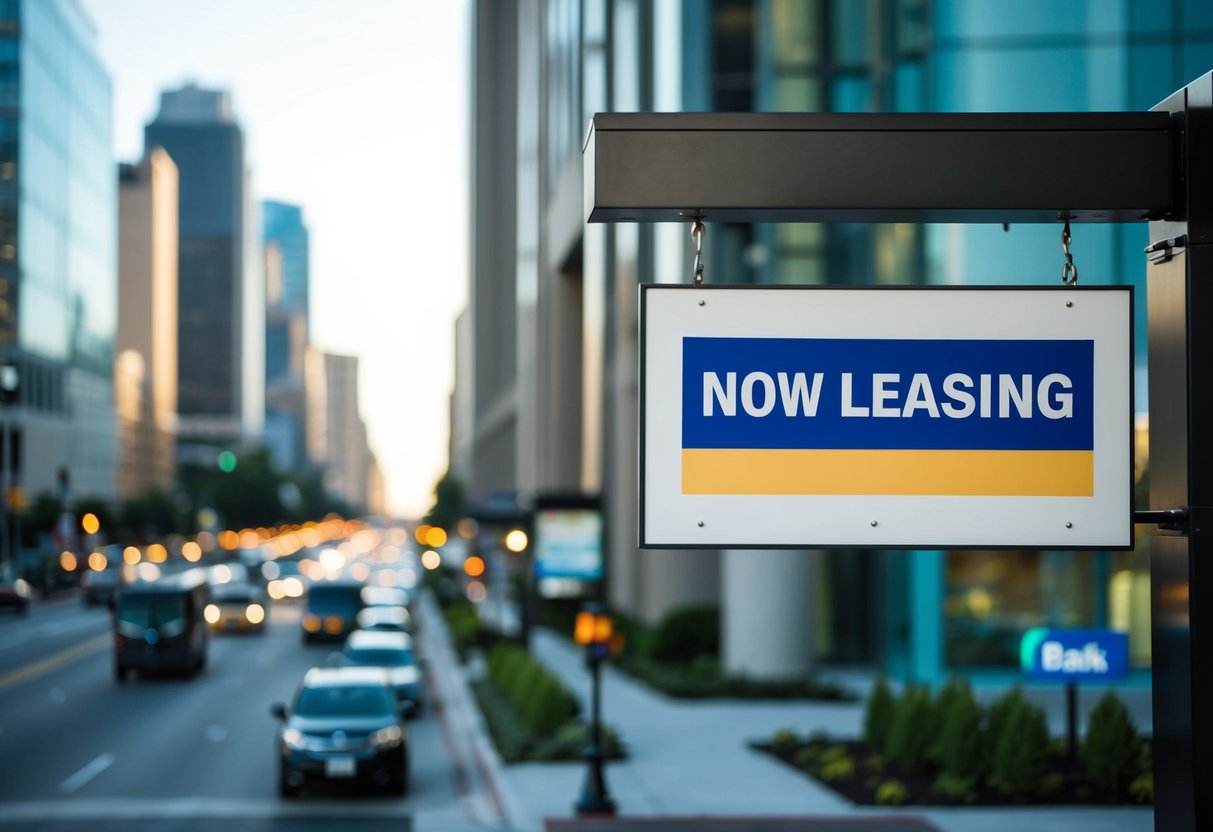A commercial building with a "Now Leasing" sign, surrounded by a bustling cityscape and a bank in the background