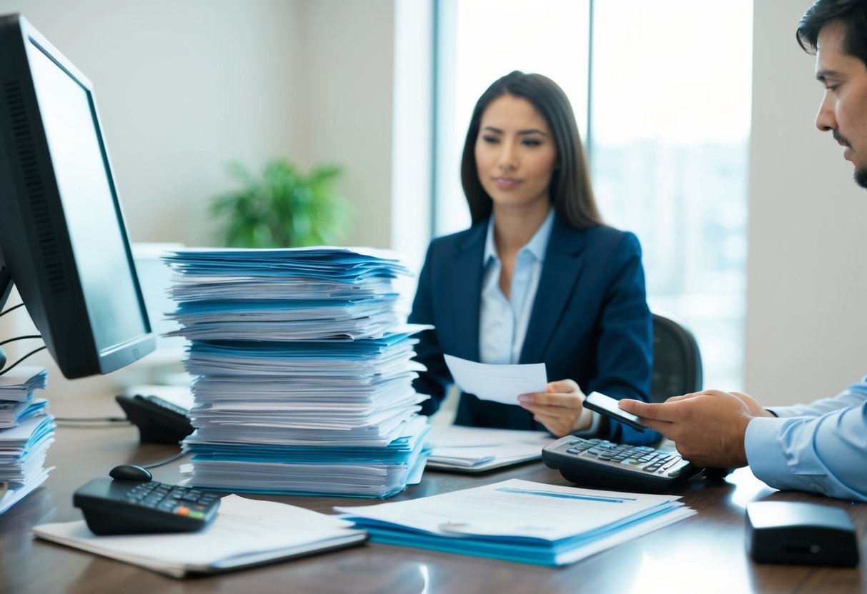 A busy office with a stack of financial documents, a computer, and a phone on a desk. A person is speaking to a bank representative