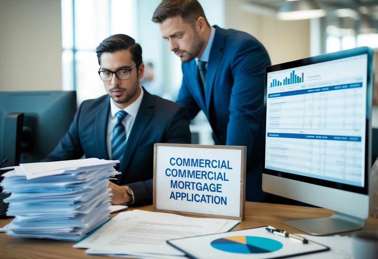 A busy office with a banker reviewing documents, a stack of paperwork, a computer screen displaying financial data, and a sign reading "Commercial Mortgage Application."