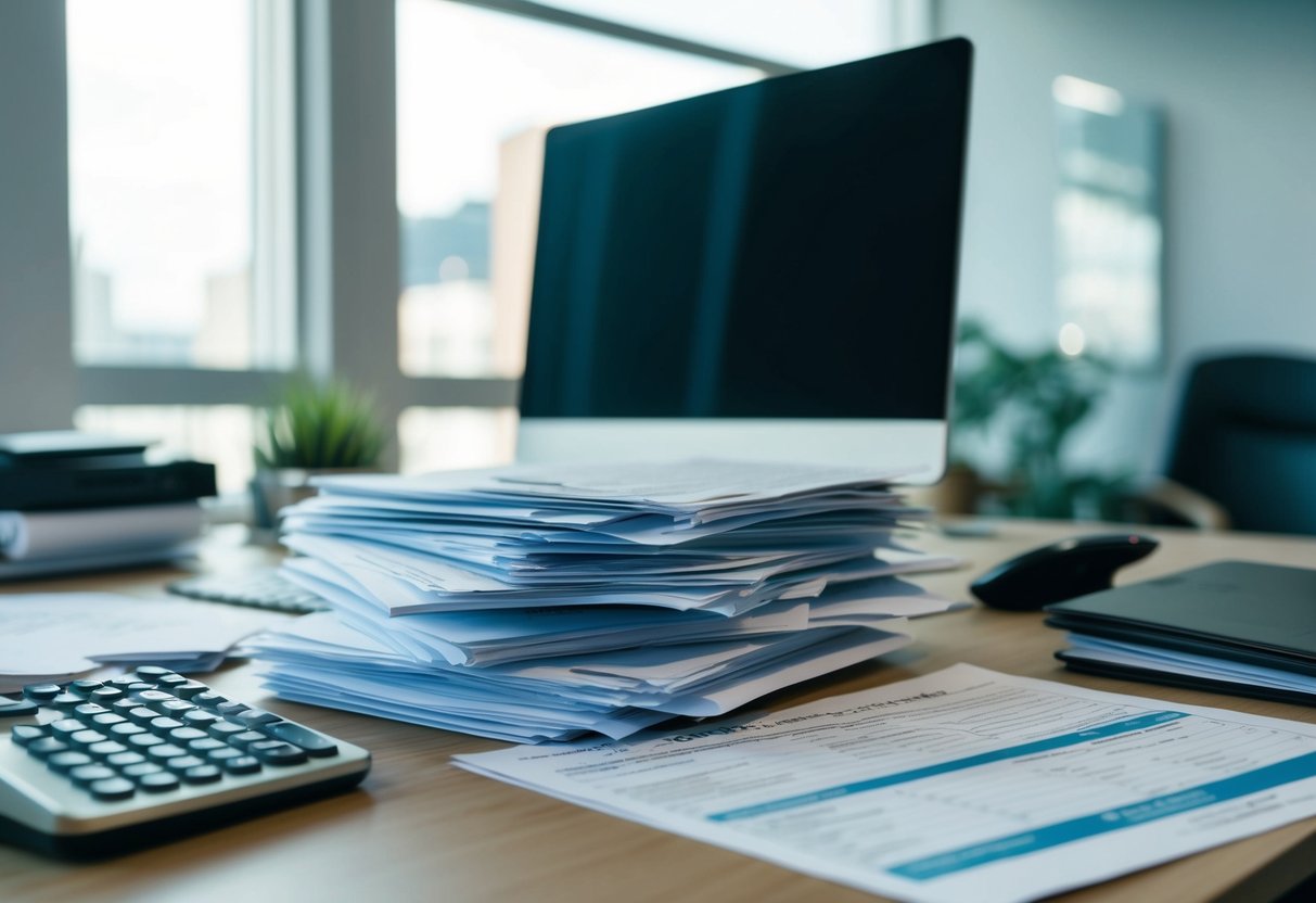 An office desk cluttered with paperwork, a computer, and a phone. A stack of financial documents and a filled-out mortgage application sit prominently on the desk
