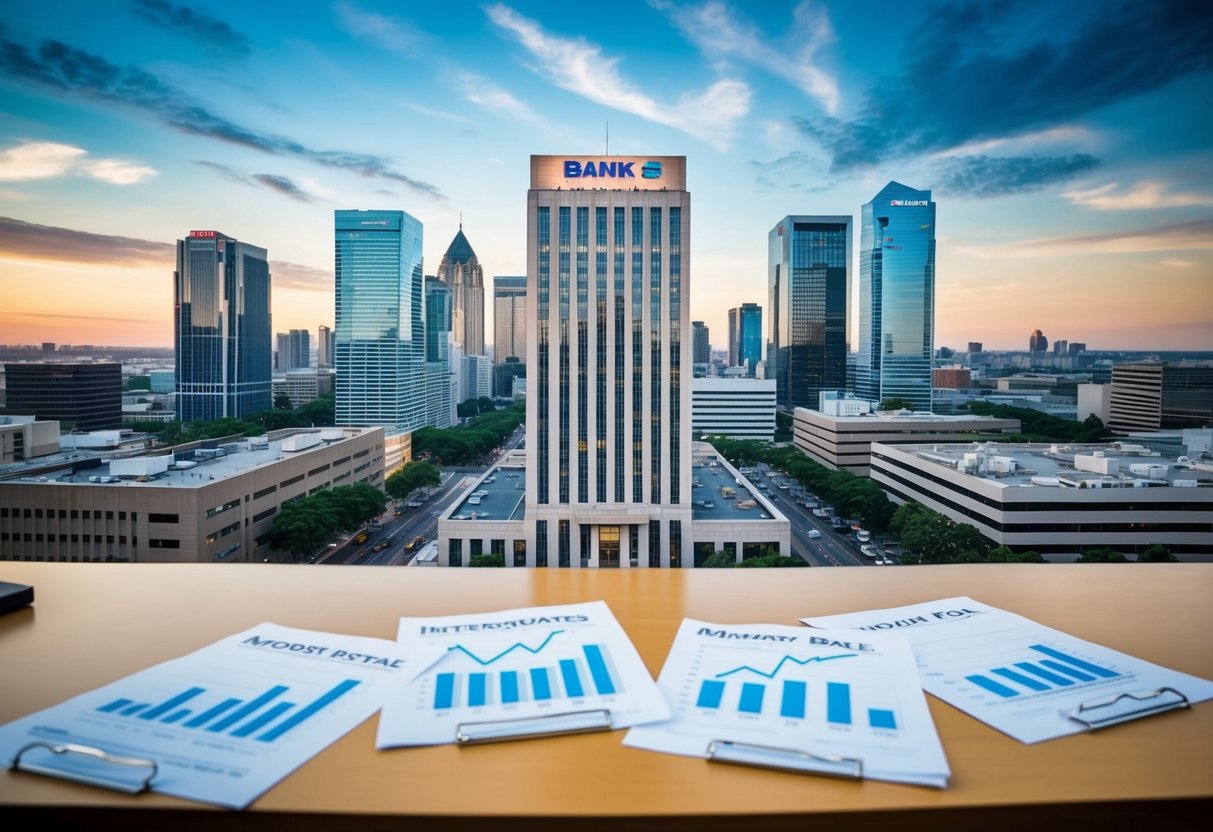 A bustling city skyline with a bank building in the foreground, surrounded by office buildings and commercial properties. Interest rate graphs and mortgage documents are scattered on the bank's desk