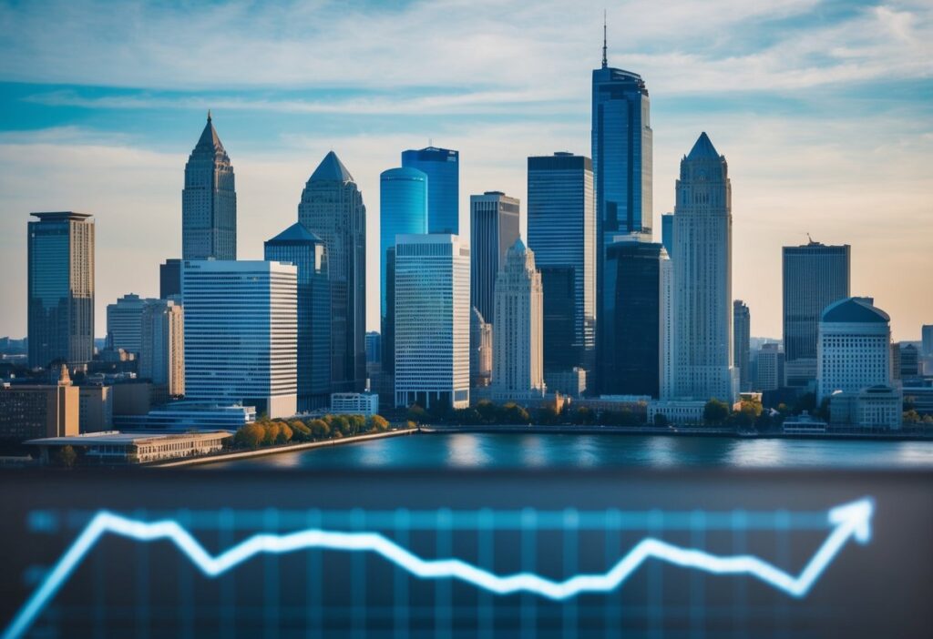 A city skyline with tall office buildings and banks, with a graph showing fluctuating interest rates in the foreground