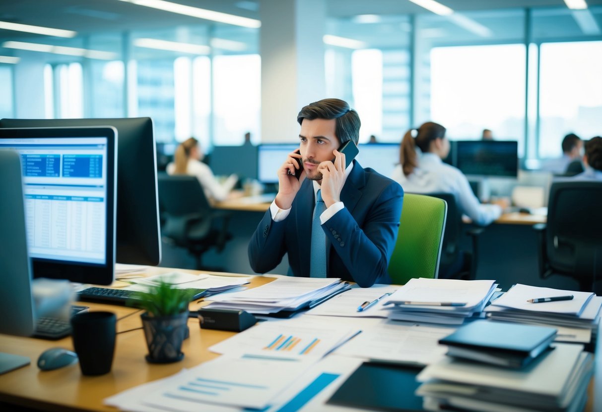A busy office with a desk covered in paperwork, a computer screen displaying financial data, and a person talking on the phone with a serious expression