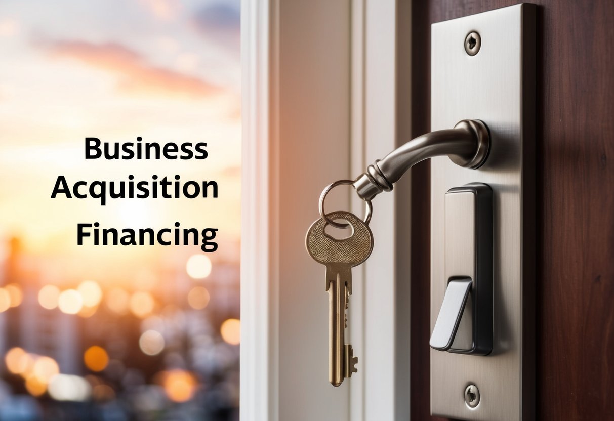 A key unlocking a door labeled "Business Acquisition Financing."