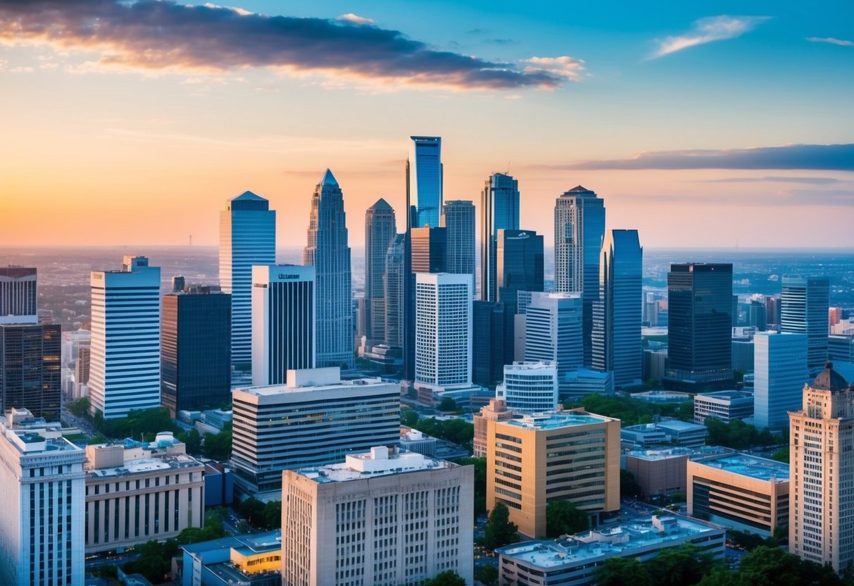 A bustling city skyline with various financial institutions and business buildings, representing the options for acquisition financing and the potential for growth